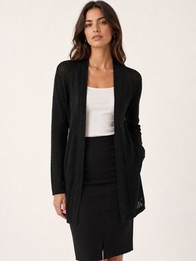 Theory Black Open Knit Long Cardigan Sz Small